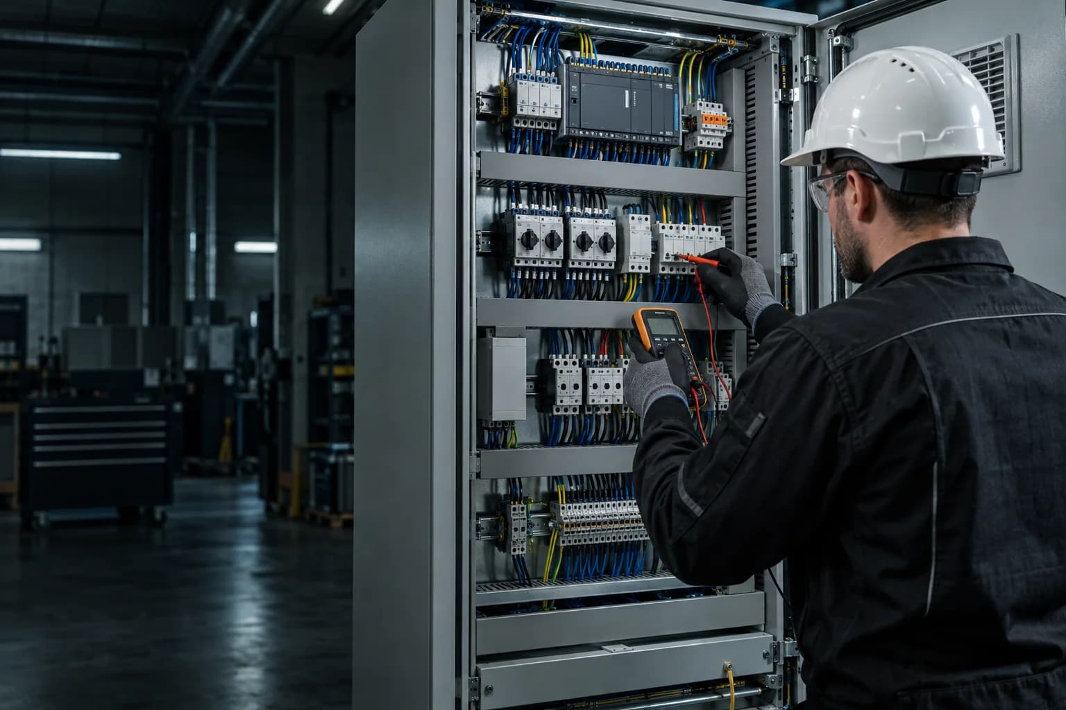 Elektricien die een industriële schakelkast controleert